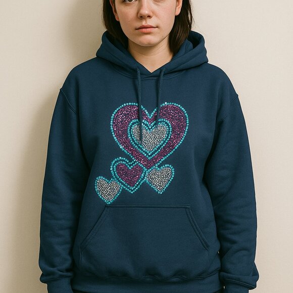 Women’s XL Handmade Hoodie with Rhinestone Hearts – Navy Blue Sparkle - Picture 1 of 4
